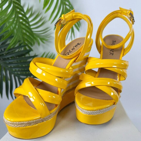 Vintage Y2K Yellow Striped Boho Strappy Open Toe Sandals Platform Wedge Heels /7 - Picture 6 of 8